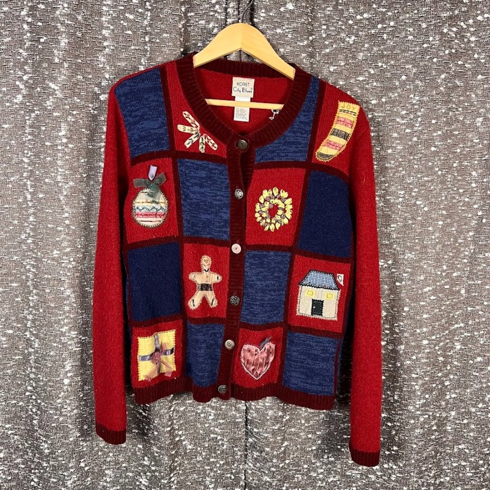 Koret City Blues Women's Christmas Sweater‎ Button Front Red Patchwork